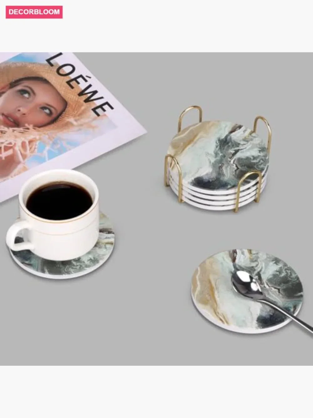Set of 6 Absorbent Ceramic Coasters with Metal Holder for Drinks
